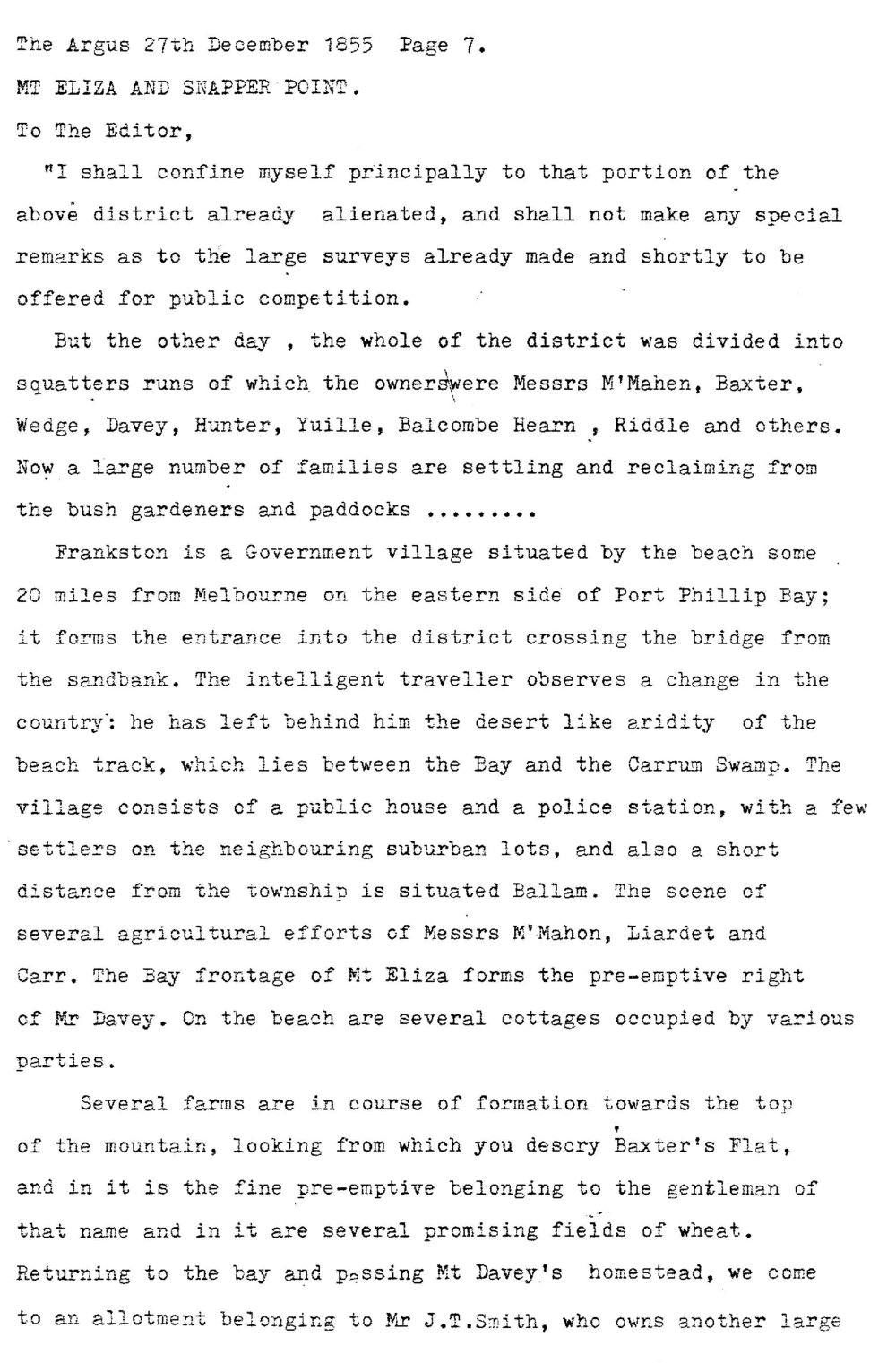 Mt Eliza and Snapper Point letter Heritage Frankston