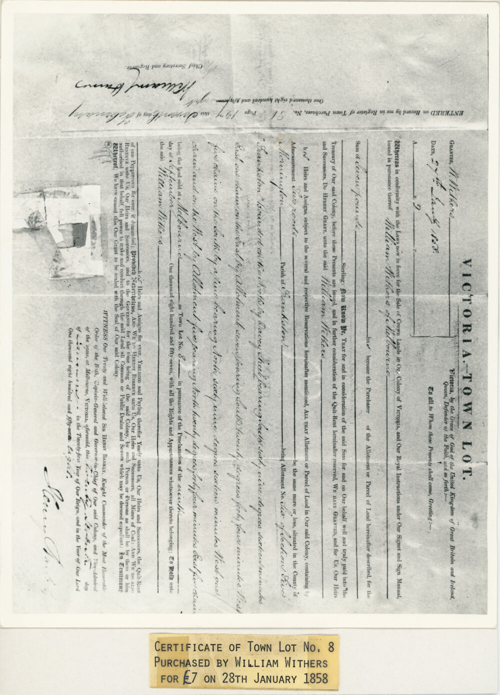 Certificate of Town Lot no. 8, 1858;01/01/1858;31/12/1858 