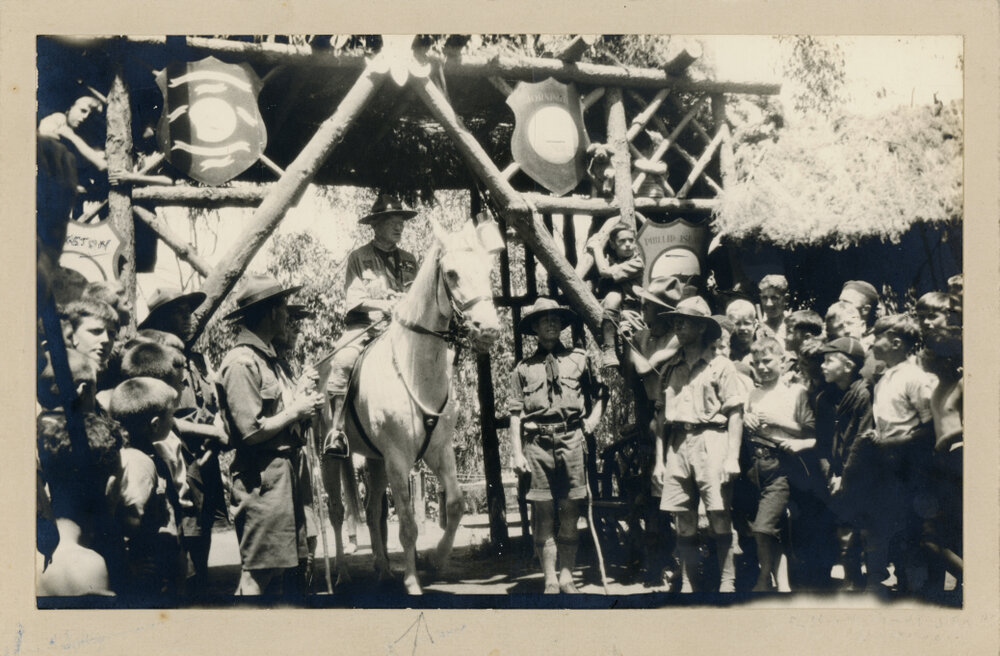 Lord Baden Powell entering the Jamboree Camp on horseback. 