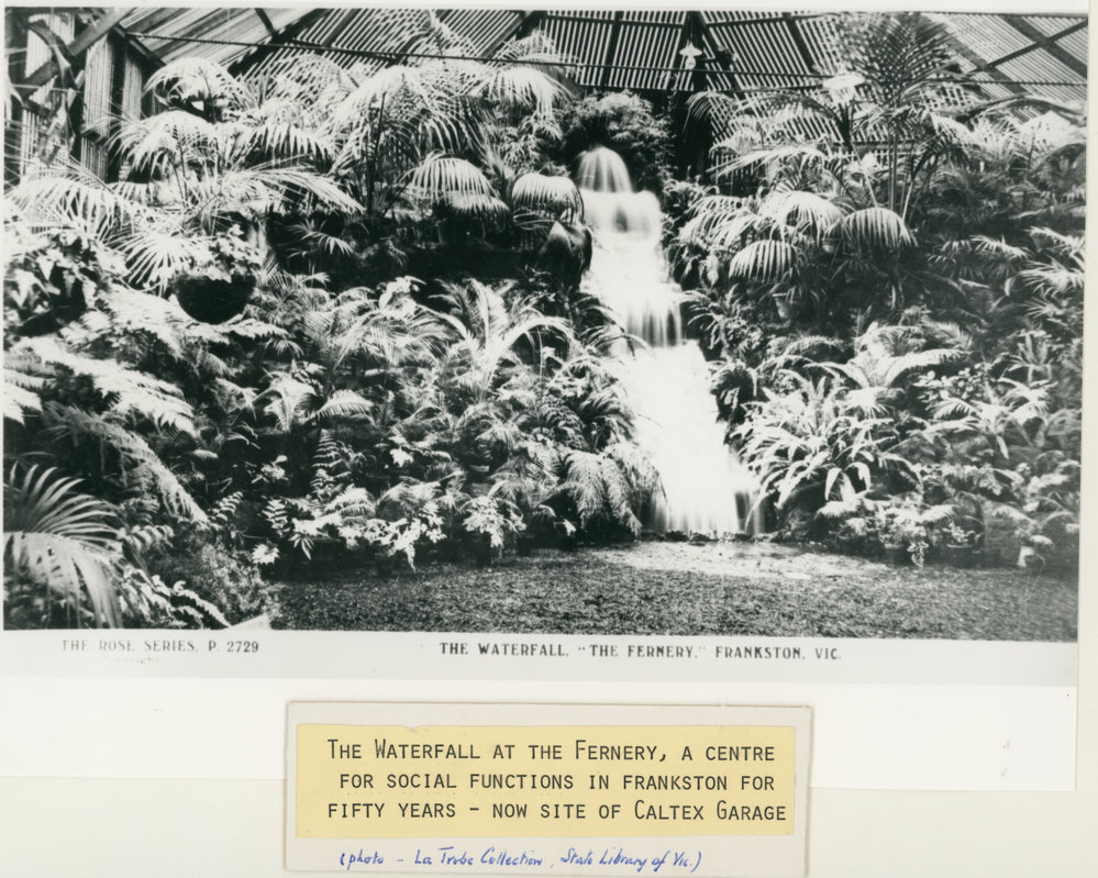 The waterfall at the Fernery, a centre for social functions in Frankston for fifty years - now the site of the Caltex Garage in Nepean Highway. Photo from the LaTrobe Collection, State Library of Victoria. 