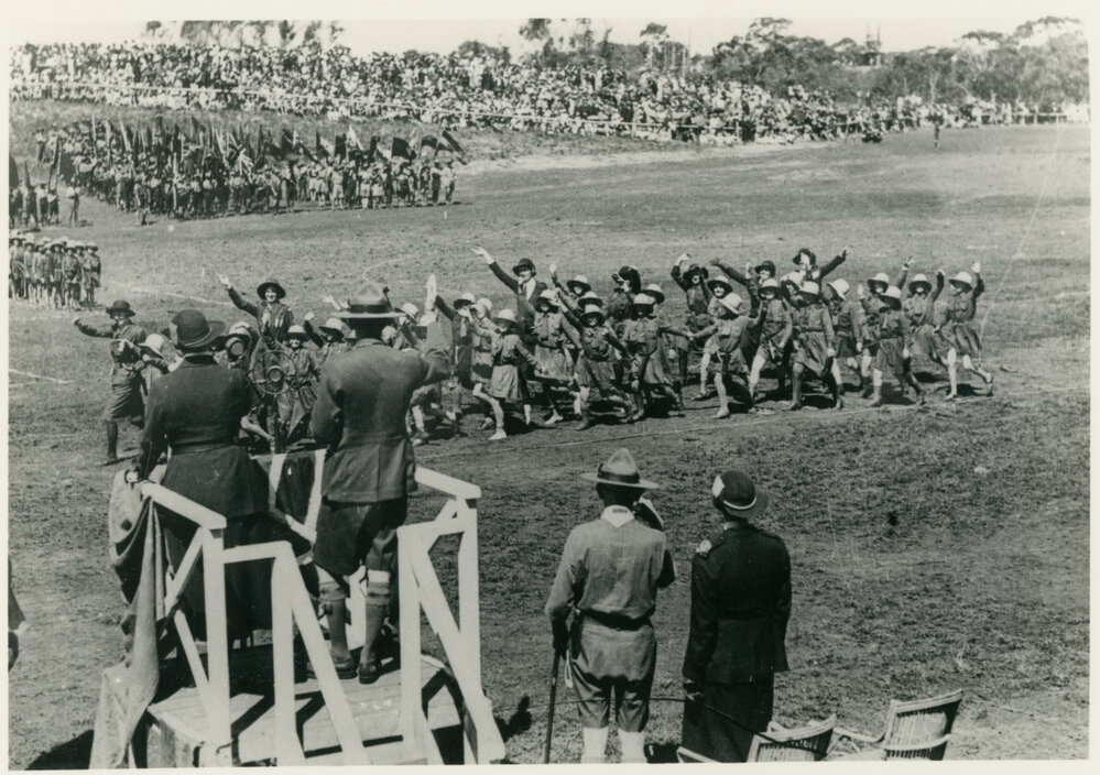 World Scout jamboree. The 1934 march past with Lord and Lady Somers (Governor of Victoria) on the dais and Lord and Lady Powell below. Photograph from Scouts Association of Victoria. 