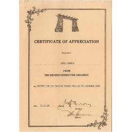 Gail Dudeck - Certificate of Appreciation - The Menzies Homes for Children