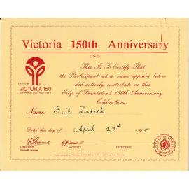 Gail Dudeck - Certificate - Victoria 150th Anniversary