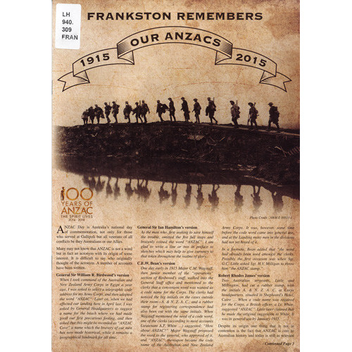 Frankston remembers our ANZACS, 1915-2015
